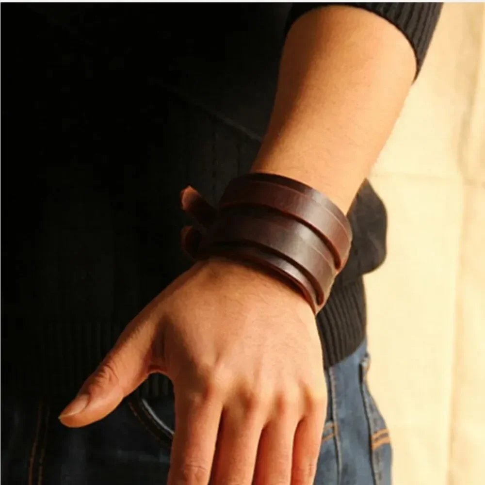 Men's Wide PU Leather Belt Strap Buckle Adjustable Cuff Wristband Bracelet